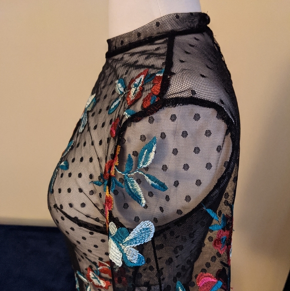 Embroidered Multi-color Flower Mesh Top - Picture 3 of 4